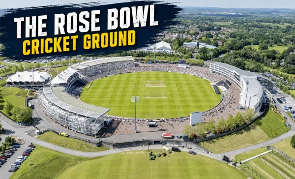 Aerial view of The Rose Bowl Cricket Ground in Southampton, showing the cricket field, stands, pavilion and surrounding greenery.
