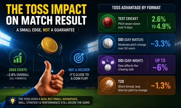 Cricket toss impact infographic showing an overall toss advantage of about 2.8%, with format-wise estimates of 2.6–4.9% in Tests, about 3.3% in day ODIs, up to 6% in day-night ODIs, and about 1.3% in T20s.