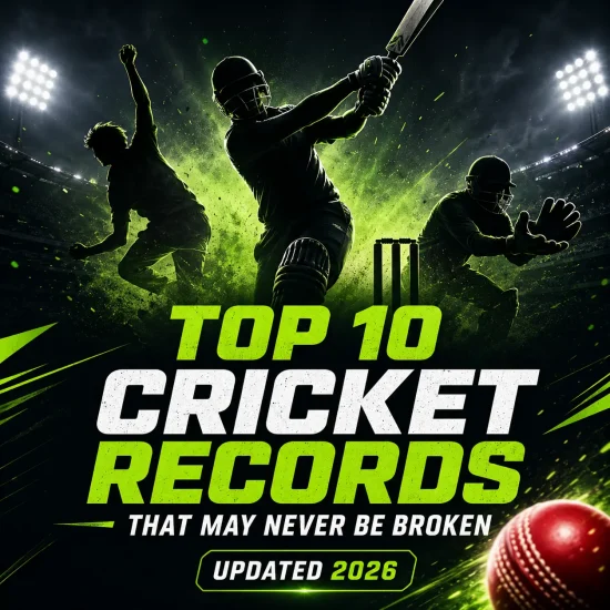 Top 10 cricket records that may never be broken, featuring iconic milestones such as Sachin Tendulkar’s 100 international centuries, Muttiah Muralitharan’s 800 Test wickets, Don Bradman’s 99.94 Test average, Brian Lara’s 400*, Rohit Sharma’s 264 ODI runs, and MS Dhoni’s wicketkeeping records. Cricket-themed graphic with batting, bowling, and wicketkeeping silhouettes in a stadium setting.