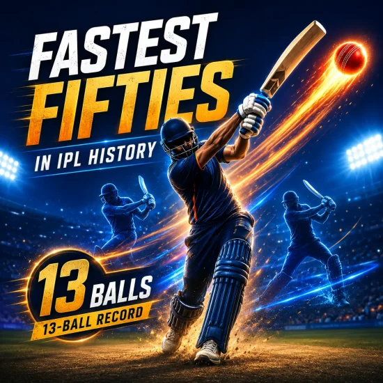 Fastest fifties in IPL history infographic highlighting the joint 13-ball IPL fifty record, featuring the top 10 fastest half-centuries in IPL history updated through IPL 2026.