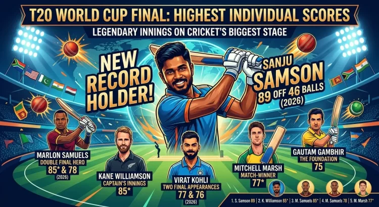 Illustrated infographic of the Top 10 Highest Individual Scores in T20 World Cup Final History, featuring Sanju Samson as the new record holder with 89 off 46 balls in the 2026 Final, surrounded by illustrated portraits of other legendary final performers including Marlon Samuels (85* & 78), Kane Williamson (85*), Virat Kohli (77 & 76), Mitchell Marsh (77*), and Gautam Gambhir (75), inside a packed floodlit stadium with international flags in the background.