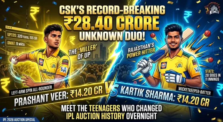 IPL 2026 Auction Special infographic featuring illustrated portraits of Chennai Super Kings' record-breaking uncapped signings — Prashant Veer (left-arm spin all-rounder, ₹14.20 crore, nicknamed "The Miller of UP" with stats: 320 runs at 155 SR and 9 wickets in SMAT) and Kartik Sharma (wicketkeeper-batter, ₹14.20 crore, "Rajasthan's Power Hitter" with 28 sixes in 11 innings) — both in CSK yellow jerseys against a lightning-charged stadium background, headlined "CSK's Record-Breaking ₹28.40 Crore Unknown Duo.