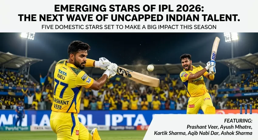 IPL 2026 Auction Special infographic featuring illustrated portraits of Chennai Super Kings' record-breaking uncapped signings — Prashant Veer (left-arm spin all-rounder, ₹14.20 crore, nicknamed "The Miller of UP" with stats: 320 runs at 155 SR and 9 wickets in SMAT) and Kartik Sharma (wicketkeeper-batter, ₹14.20 crore, "Rajasthan's Power Hitter" with 28 sixes in 11 innings) — both in CSK yellow jerseys against a lightning-charged stadium background, headlined "CSK's Record-Breaking ₹28.40 Crore Unknown Duo.