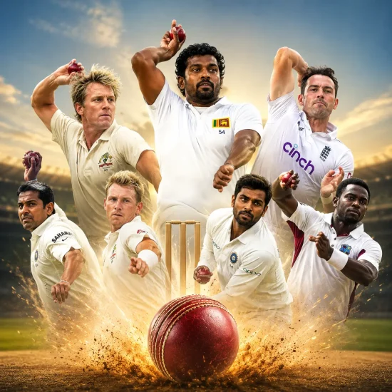 Top bowlers with the most wickets in Test cricket history featuring Muttiah Muralitharan, Shane Warne, James Anderson, Anil Kumble, Glenn McGrath, Ravichandran Ashwin, and Dale Steyn.