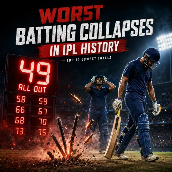 Worst batting collapses in IPL history featuring the top 10 lowest team totals, highlighted by Royal Challengers Bengaluru's record 49 all out, with dejected batters and shattered stumps symbolizing dramatic IPL batting failures.
