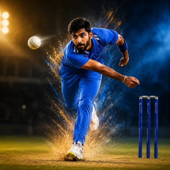 Dynamic illustration of Jasprit Bumrah delivering a fast ball in India’s blue jersey under floodlights, with dust and energy effects highlighting his action. The image accompanies a ranking of the top five Jasprit Bumrah bowling spells fans will never forget, including his iconic performances in World Cups, Tests, and ODIs.
