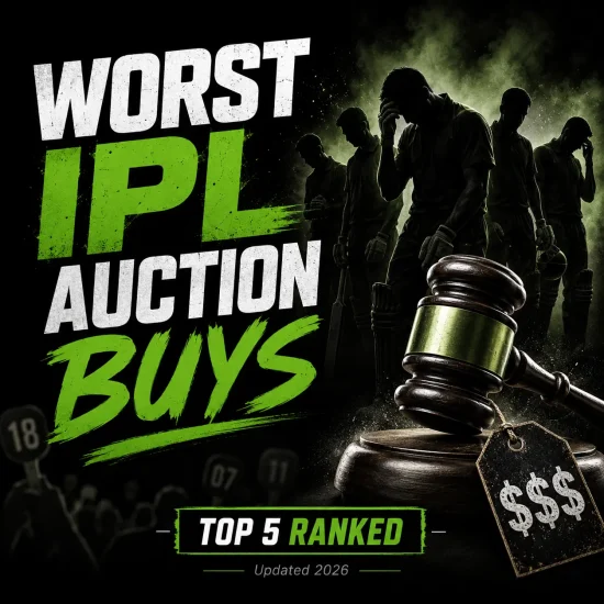 Worst IPL auction buys in history ranked, featuring the top 5 most expensive IPL signings who failed to justify their price tags. The graphic highlights costly auction mistakes, including players impacted by injuries, poor form, adaptation struggles, and underwhelming performances despite massive franchise investments.