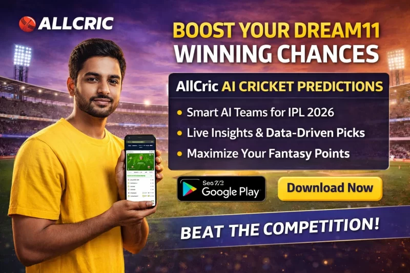 AllCric AI cricket prediction app showing Dream11 team suggestions, live insights, and data-driven picks for IPL 2026 fantasy matches
