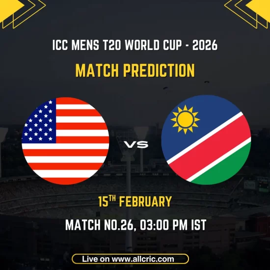 USA vs Namibia ICC Men's T20 World Cup 2026 Group A Match 26 prediction graphic featuring national flags, match details for February 15th 2026 at 3:00 PM IST at M.A. Chidambaram Stadium Chennai, with Dream11 team analysis and today's match prediction