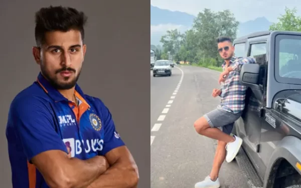 Umran Malik portrait beside a roadside image of him posing near a black SUV, representing his net worth and lifestyle.