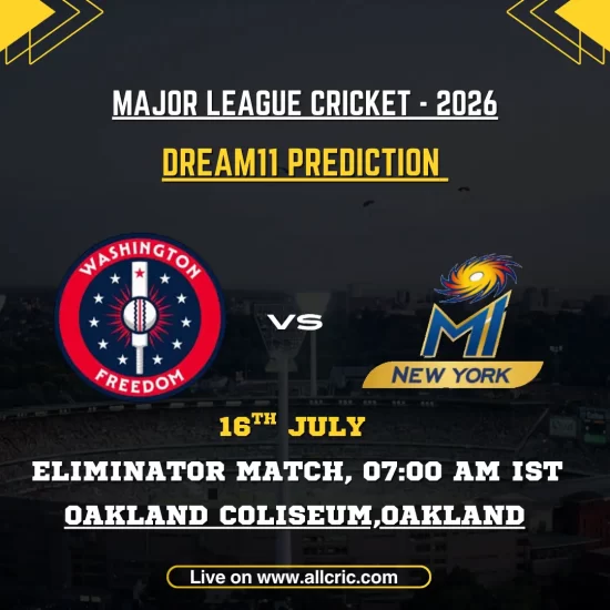 WF vs MINY Dream11 prediction today match graphic for Washington Freedom vs MI New York MLC 2026 Eliminator at Oakland Coliseum.