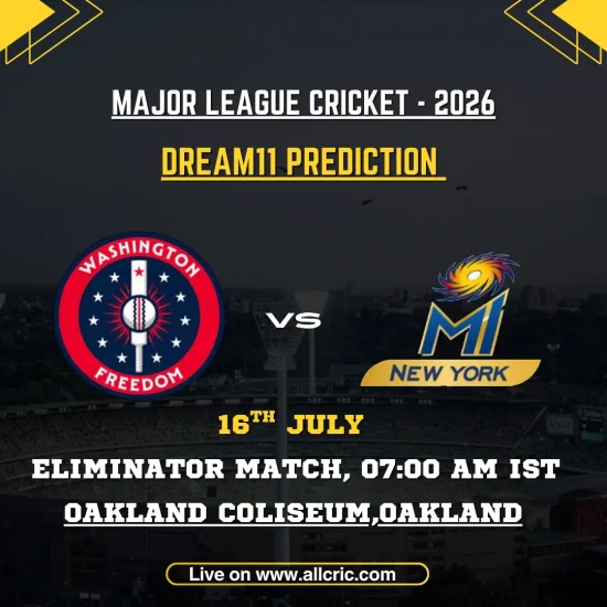 WF vs MINY Dream11 prediction today match graphic for Washington Freedom vs MI New York MLC 2026 Eliminator at Oakland Coliseum.