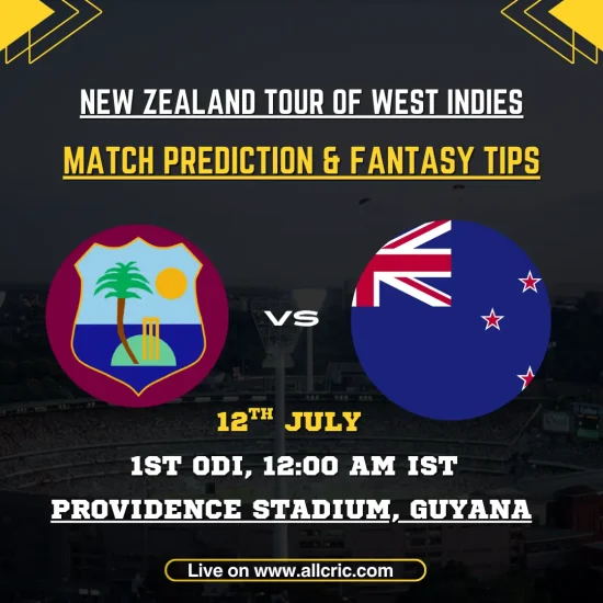 WI vs NZ Dream11 prediction today match graphic for West Indies vs New Zealand 1st ODI 2026 at Providence Stadium, Guyana, featuring match prediction and fantasy tips.