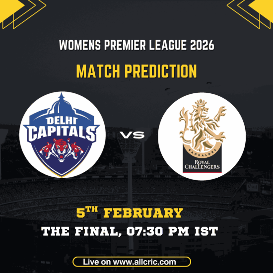 Women's Premier League 2026 Final match prediction graphic featuring Delhi Capitals and Royal Challengers Bengaluru logos, match details for February 5th 2026 at 7:30 PM IST at Kotambi Stadium Vadodara, with Dream11 team analysis and today's match prediction