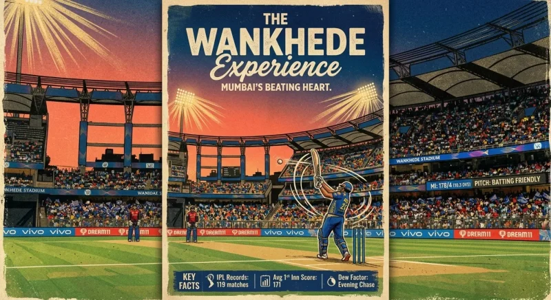 A vibrant illustration of Wankhede Stadium in Mumbai showcasing a high-scoring cricket match under lights. The scene highlights a batsman playing an aggressive shot, emphasizing the stadium’s batting-friendly pitch, short boundaries, and electrifying crowd atmosphere. Key match stats like IPL records, average first innings score, and dew factor are also visually represented, reflecting the ground’s impact on gameplay and fantasy cricket strategies.