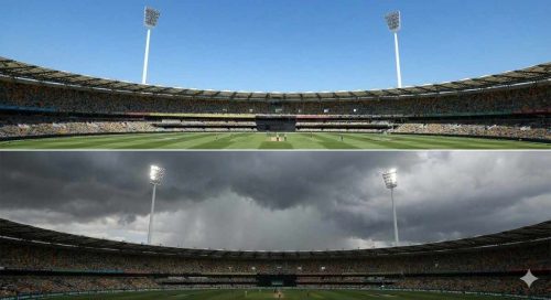 This split-panel image is a perfect match for the "Weather Impact on Match Prediction" section. It visually contrasts sunny and rainy conditions, demonstrating how weather can drastically alter playing conditions and, consequently, match predictions.