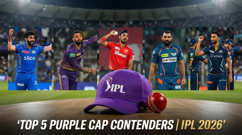 A composite IPL 2026 graphic titled "Top 5 Purple Cap Contenders — IPL 2026" featuring five bowlers in a panel layout above a purple IPL cap and red cricket ball on a stadium pitch. Left to right: Jasprit Bumrah in a Mumbai Indians blue jersey celebrating a wicket; Varun Chakravarthy in a Kolkata Knight Riders purple jersey in his bowling action; Arshdeep Singh in a Punjab Kings red jersey mid-delivery stride; Mohammed Shami in a Lucknow Super Giants teal jersey; and Prasidh Krishna in a Gujarat Titans navy jersey with fist raised.
