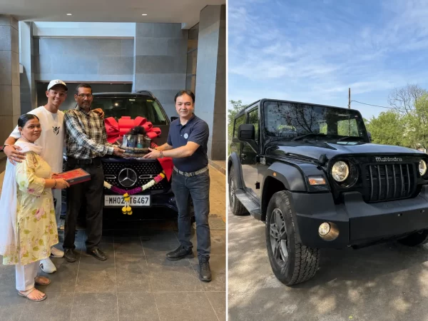 Yashasvi Jaiswal with family beside a Mercedes-Benz SUV and a separate view of a Mahindra Thar, highlighting his luxury car collection.