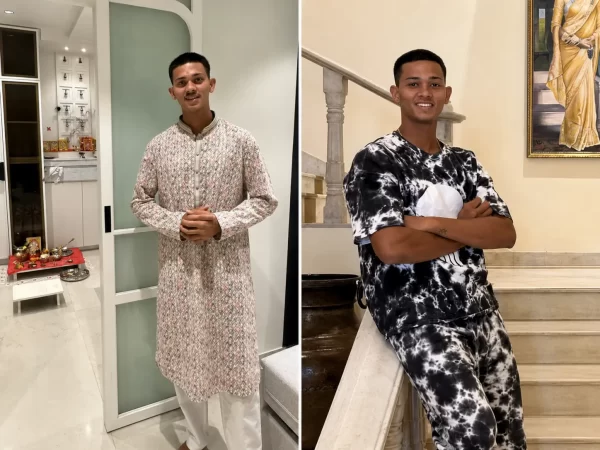 Yashasvi Jaiswal photographed inside a modern home in traditional and casual outfits, representing his reported 5 BHK apartment in Thane.