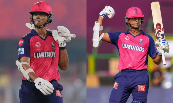 Yashasvi Jaiswal batting and celebrating in Rajasthan Royals colors, highlighting his ₹18 crore IPL retention deal for the 2025–2027 period.