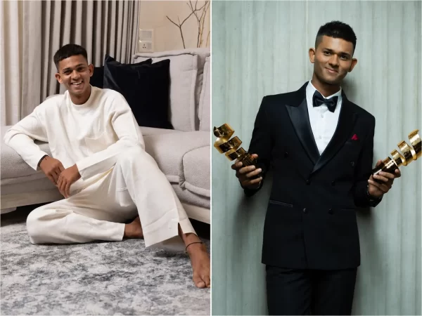 Yashasvi Jaiswal in casual attire and a black tuxedo holding awards, illustrating his cricket success and rising net worth in 2026.