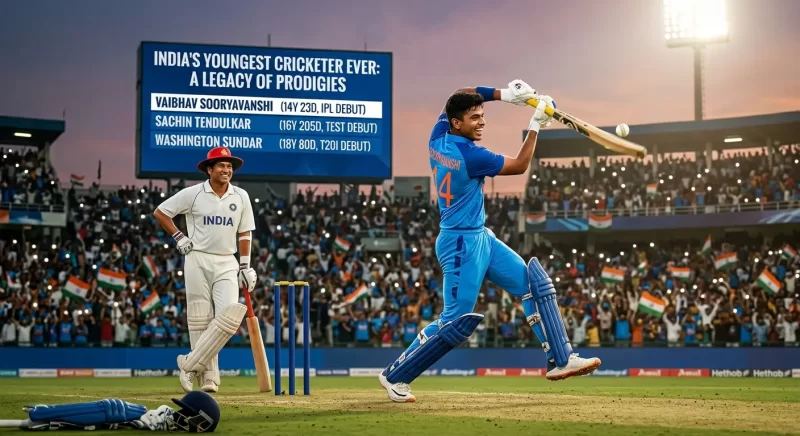 Youngest cricketer in India ever illustration showing teenage batter celebrating milestone with scoreboard highlighting records like Sachin Tendulkar’s early debut and Vaibhav Sooryavanshi IPL debut, crowd cheering in stadium