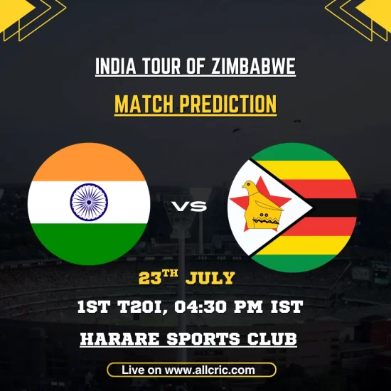 ZIM vs IND today match prediction for Zimbabwe vs India 1st T20I at Harare Sports Club on July 23, 2026.