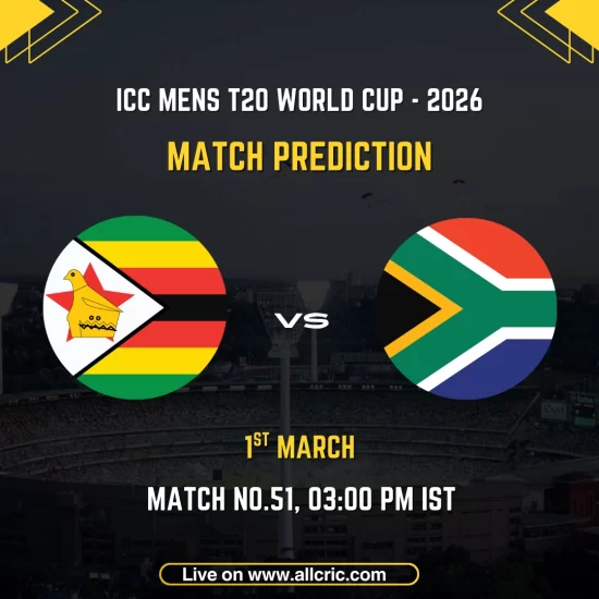 Match prediction graphic for Zimbabwe vs South Africa, Match No. 51 of the ICC Men's T20 World Cup 2026, scheduled for 1st March at 3:00 PM IST, featuring the national flags of Zimbabwe and South Africa on a stadium background.