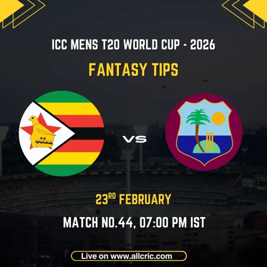 Zimbabwe vs West Indies ICC Men's T20 World Cup 2026 Super 8 Match 44 fantasy tips graphic featuring national flags, match details for February 23rd 2026 at 7:00 PM IST at Wankhede Stadium Mumbai, with Dream11 team suggestions and fantasy cricket tips