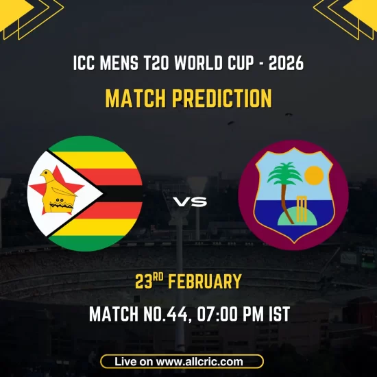 Zimbabwe vs West Indies ICC Men's T20 World Cup 2026 Super 8 Group 1 Match 44 prediction graphic featuring national flags, match details for February 23rd 2026 at 7:00 PM IST at Wankhede Stadium Mumbai, with Dream11 team analysis and today's match prediction