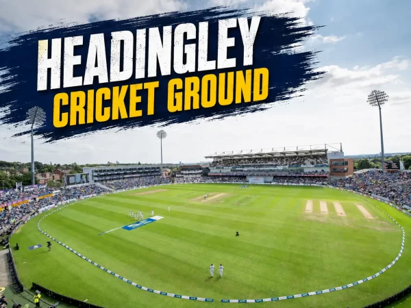 Wide view of Headingley Cricket Ground in Leeds, showing the green cricket field, central pitches, packed stands, floodlights, and “Headingley Cricket Ground” text overlay.